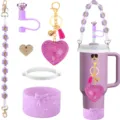 Detailed view of purple daisy strap rhinestone heart keychain and tumbler accessories set - Style B / Purple