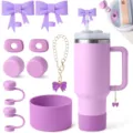 Ensemble d'accessoires de tasses en silicone violet avec paille nœud et housse de protection. - Violet