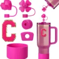 Pink Stanley cup accessories set featuring silicone straw covers, initial charm and protective boot. - Letter C