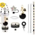 Boho tumbler accessories set with cup strap straw cover pearl keychain bracelets 6pcs - Black Type B