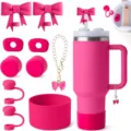 Kit d'accessoires en silicone rose pour gobelet avec paille nœud et pendentifs charm - Rose rouge