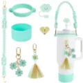 Mintgrün Stanley Becher Zubehör Set, Silikon Schutzhülle, Strohhalmtopper und Kleeblatt Charms. - Cyan