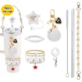 Detailed view of bohemian tumbler accessories set, featuring beaded strap, cute charms and straw. - White Style B