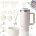 Ensemble d'accessoires de tasse 10 pièces avec jolies housses de paille à nœud et protection. - Blanc