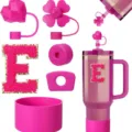 Pink Stanley cup accessories set with straw covers, letter patch and silicone boot. - Letter E
