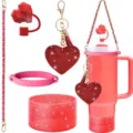 Cute pink tumbler accessories set including rhinestone heart keychain, glitter boot and straw cap. - Style A / Red