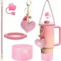 Pink rhinestone tumbler accessory set with cup boot, straw cover and heart keychain. - Style A / Pink