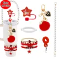 6Pcs Tumbler Accessories Set Pearl Chain Star Straw Cover Cute Charm Cup Decoration - Red Style A