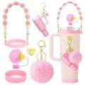 Rosa Becher Zubehör Set mit Gänseblümchen Gurt, Silikon Schutzhülle und Plüschball. - Rosa
