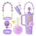 Lila Becher Zubehör Set mit Blumen Gurt Pom Pom Schlüsselanhänger Strohhalm Abdeckung - Lila