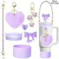 7pcs tumbler accessories set cute purple butterfly keychain fluffy heart charm chain for cup - Purple