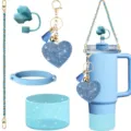 Blue tumbler accessory set including rhinestone heart keychain, silicone boot and straw cap. - Style A / Blue