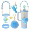 Gänseblümchen Gurt Strohhalm Abdeckung Pompon Schlüsselanhänger Set für Becher Zubehör - Blau