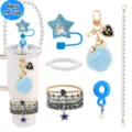 6pcs bohemian tumbler charm set with pearl chain, star straw cover, and beaded bracelets. - Blue Style A
