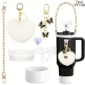 Tumbler accessories set 7pcs cup chain butterfly charm plush heart pendant for Stanley cups - White
