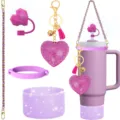Tumbler accessories set including silicone boot, rhinestone heart keychain, chain strap and straw cap - Style A / Purple