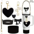 7pcs black gold tumbler accessories set with chain heart plush butterfly charm and cup boot - Black