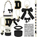 Stanley tumbler accessories set detail view showcasing cute bows and decorative straps. - Letter D