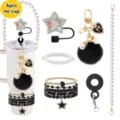 6pcs Tumbler Accessory Set Pearl Chain Star Straw Topper Pom Pom Keychain Beaded Bracelets - Black Style A