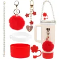Tumbler accessories set featuring pearl strap, red pom pom keychain, and silicone boot. - Red