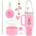 Pink tumbler accessory set including pearl strap, pom pom keychain, flower charm and silicone boot. - Pink