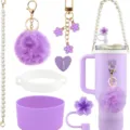 Purple Stanley tumbler accessory set with plush pom pom, pearl strap and silicone boot. - Purple