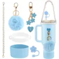 Set de accesorios para vaso con correa de perlas, llavero de pompón esponjoso y funda de silicona. - Azul