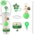 6pcs tumbler accessories set pearl chain star straw topper green beaded bracelets - Green Style A