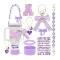 Stanley tumbler accessories set with silicone boot, cute bow charms and letter decorative strap. - Purple A