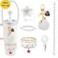 Bohemian cup accessory set with pearl chains, star straw cover and fluffy pom-pom keychain. - White A