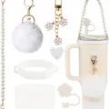 Cute tumbler accessories set with pearl strap, fluffy pom pom charm and silicone boot for cups - White