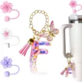Set accessori per borraccia con portachiavi con lettera F e copri cannuccia a forma di fiore. - Lettera F