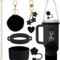 Conjunto de accesorios para taza térmica negra con correa de perlas y colgante de pompón. - Negro