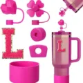 Pink Stanley cup accessories set with heart straw covers, letter L patch and silicone boot. - L