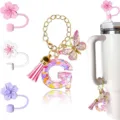 Ciondolo Tazza Lettera G Rosa Portachiavi con Farfalla e Copertura per Canna Fiore Set - Lettera G