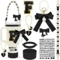 Stanley tumbler accessory set with silicone boot, bow charm, strap and letter patch. - Letter F