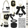 Stanley tumbler accessories set with silicone boot strap bow letter charms black white - Letter G