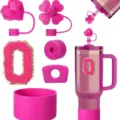 Pink Stanley tumbler accessories set with cute straw covers, silicone boot, and letter 0. - Letter O