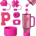 Pink tumbler accessories set, silicone boot, heart straw cover and letter patch for cup. - Letter P