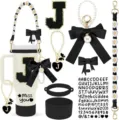 Stanley tumbler accessory set with silicone boot, letter J charm, daisy strap, and black bow. - Letter J