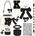 Black and white Stanley tumbler accessories set with letter K patch, bow, and daisy chain. - Letter K
