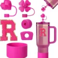 Pink tumbler accessories set with cute straw covers, silicone boot and letter R patch. - Letter R