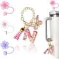 Ciondolo Lettera N in Resina Glitter per Tazza con Copertura di Paglia Fiore Rosa Set - Lettera N
