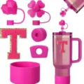 Pink Tumbler Accessories Set with Letter T Cup Straw Toppers and Cute Silicone Boot - Letter T