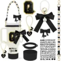 Stanley tumbler accessory set with silicone boot, straps, letter charms, and cute bows. - Letter Q