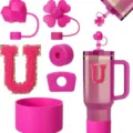 Pink tumbler accessories set including silicone straw covers, letter patch and cup boot. - Letter U