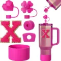 Hot pink tumbler accessories set including silicone boot straw covers letter patch for cup decor. - Letter X