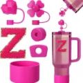 Hot pink Stanley cup accessories set including silicone straw covers, letter Z patch and boot. - Letter Z