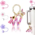 Set di ciondoli con lettera W e copertura per cannuccia di fiori per accessori tazza. - Lettera W