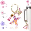Bellissimo set portachiavi farfalla lettera e copritubo di paglia rosa tazza ciondolo - Lettera X